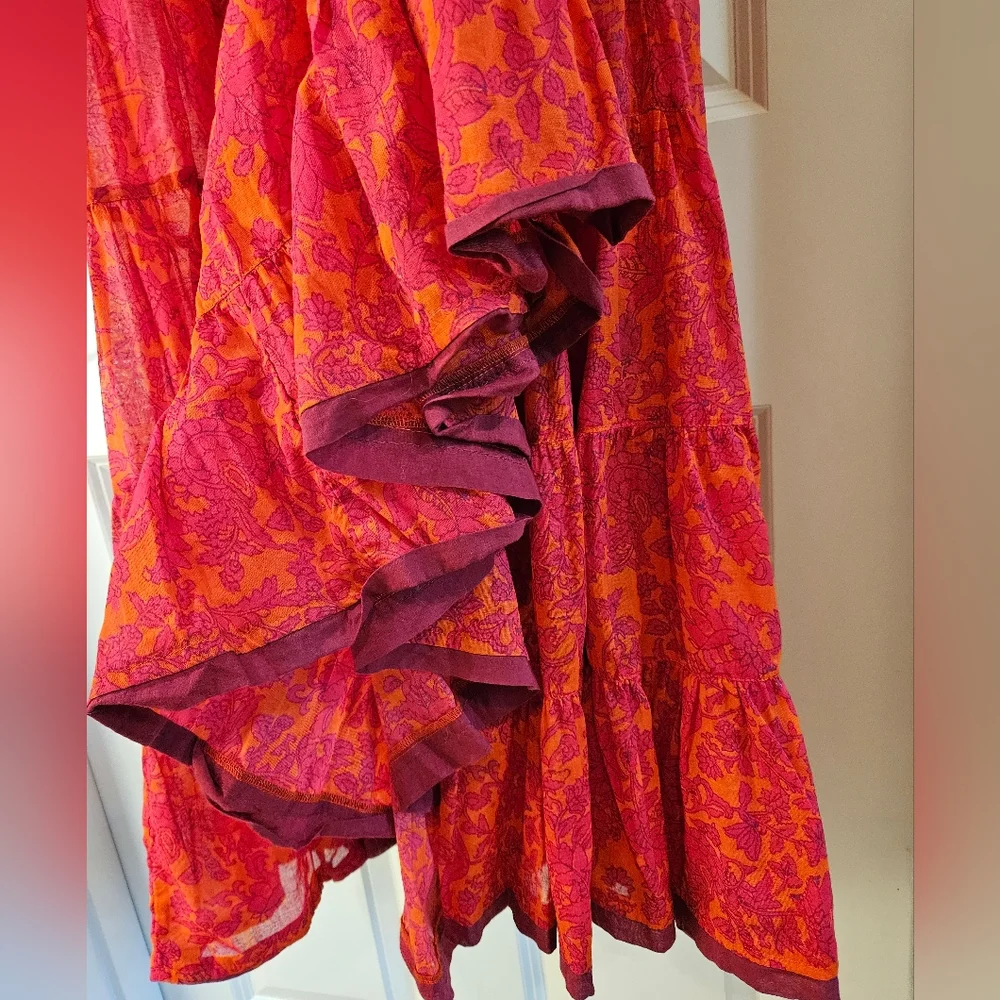 Free People Kikas Printed Midi Dress Cotton Ruffle Tiers Floral Sm Tangerine EUC - Picture 8 of 15